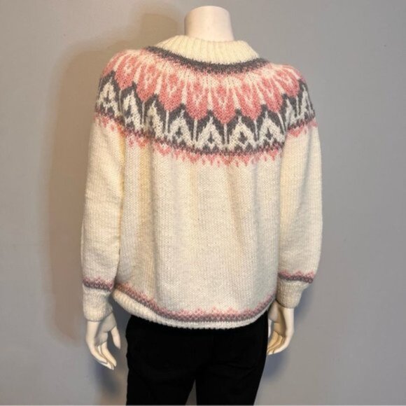 Hand Knitted Cream Pink Fair Isle Jumper Sweater Size M - Picture 7 of 7